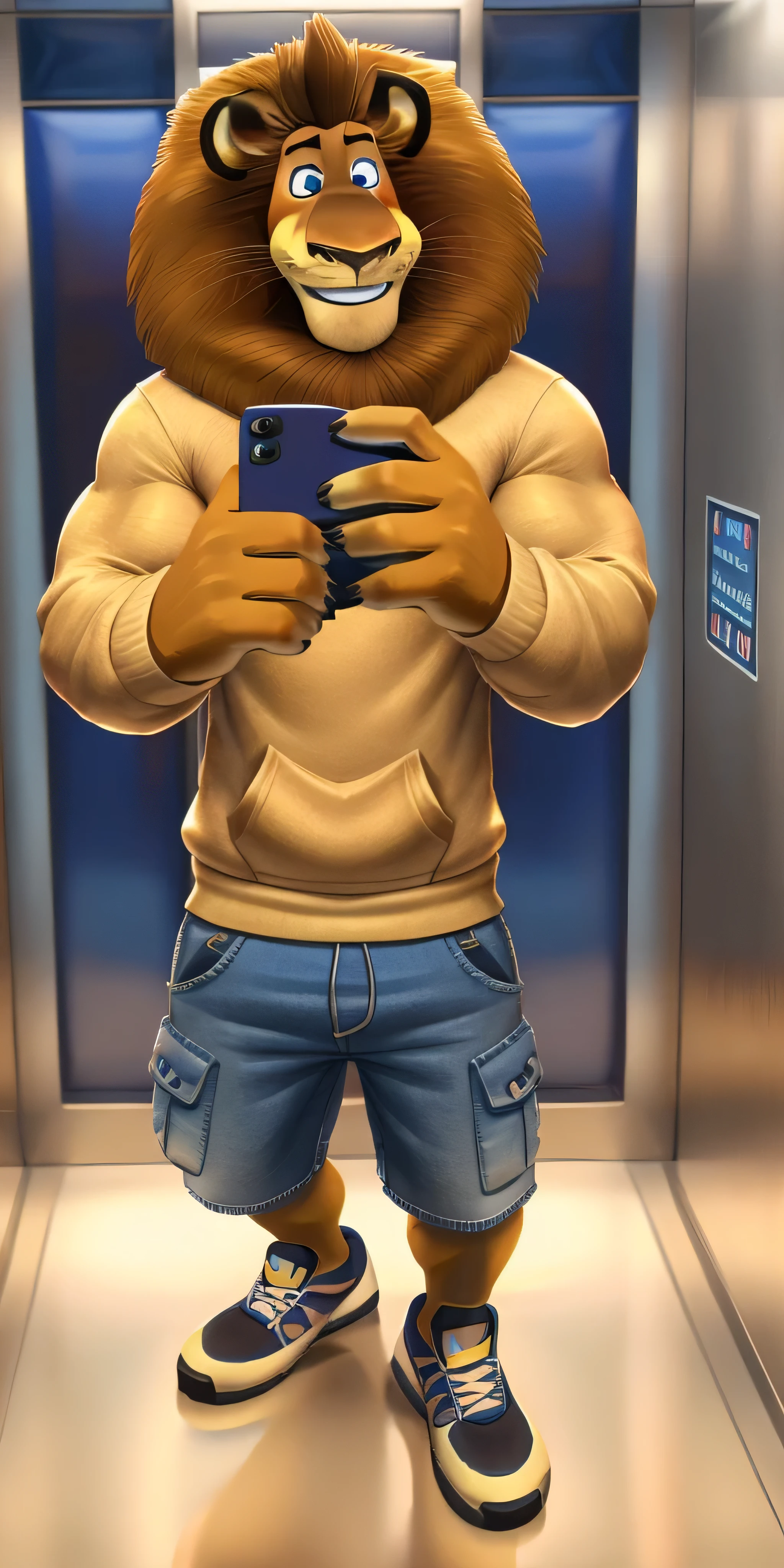 Alex the Lion, muscular body, big biceps, extremely beautiful and cute face, perfectly detailed blue eyes with perfectly detailed pupils, wears beige sweatshirt, denim cargo shorts, sneakers, elevator background, selfie, the kind of obedient, well-mannered, cultured, affectionate, a little shy and timid good boy, cutest and kindest smile