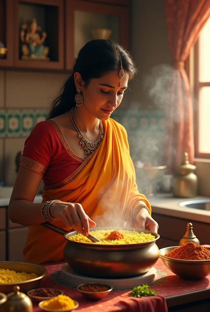 Create a image of a indian lady making khichdi in kitchen room