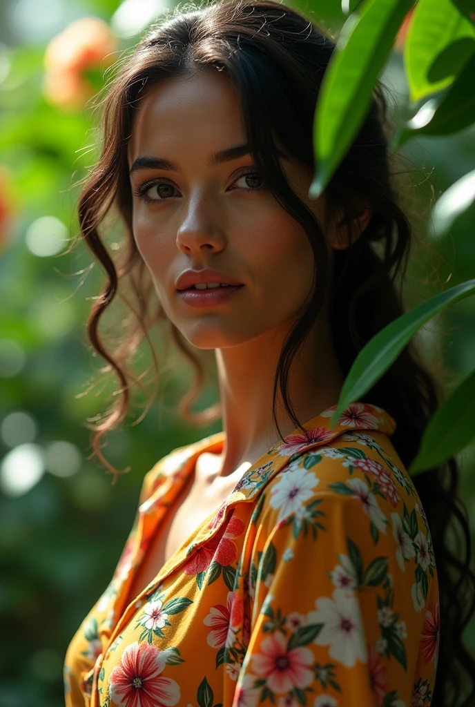 A Brazilian woman in a lush tropical garden, wearing an open shirt with a floral print, with a close-up capturing the harmonious beauty between her breasts and the natural flowers, showing off your natural charm and outgoing personality.