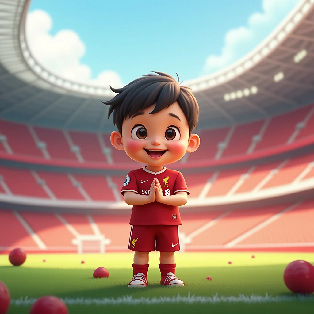 Cute kid smiles in Disney cartoon style, bows in Thai style and wears Liverpool shirt. Standing in cartoon style. High quality dynamic photo, detailed and colorful. Realistic and colorful poses. Background is Andfield stadium.