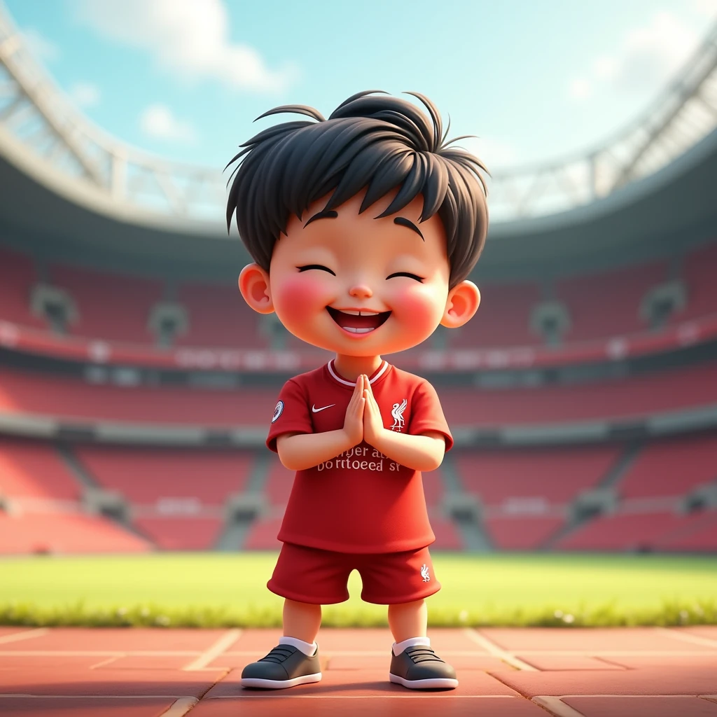 Cute smiles in Disney cartoon style, bows in Thai style and wears Liverpool shirt. Standing in cartoon style. High quality dynamic photo, detailed and colorful. Realistic and colorful poses. Background is Andfield stadium.