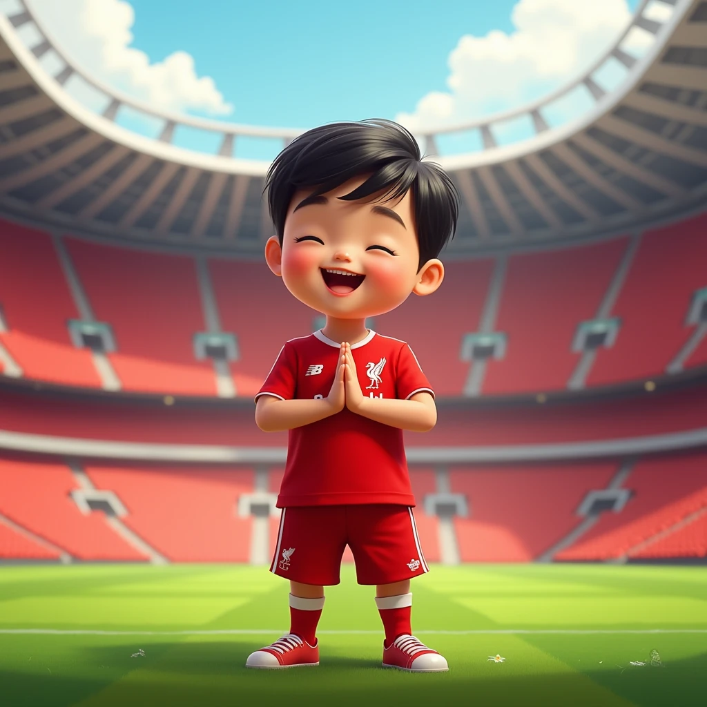 Cute smiles in Disney cartoon style, bows in Thai style and wears Liverpool shirt. Standing in cartoon style. High quality dynamic photo, detailed and colorful. Realistic and colorful poses. Background is Andfield stadium.