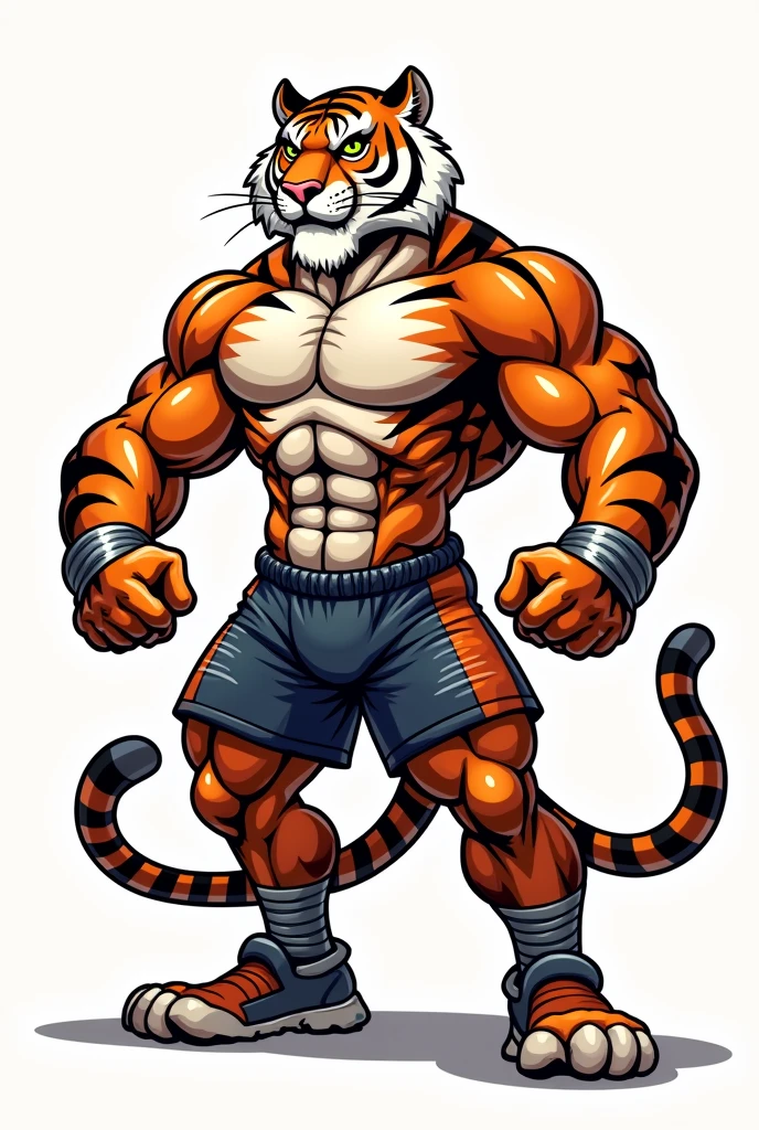 Masculine cartoon tiger wearing shiny running shorts fingerless gloves shiny wraps around ankles