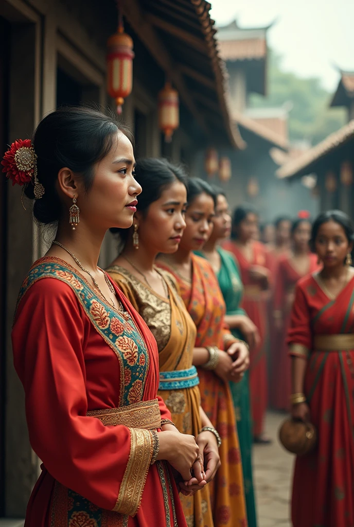 women wearing traditional attire at the doorsteps of different houses, speaking to people who shake their heads sadly. The expressions on her face change from hope to deep realization, as she stands in a village with various households.