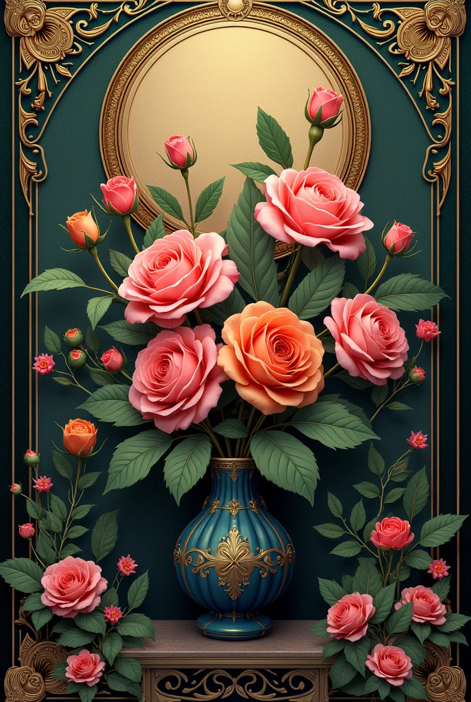 intricate art nouveau background design, roses, summer flowers, ornate patterns, detailed textures, lush foliage, elegant design, intricate embellishments, meditative mood, mystical atmosphere, rich colors, dramatic lighting, photorealistic, concept art style