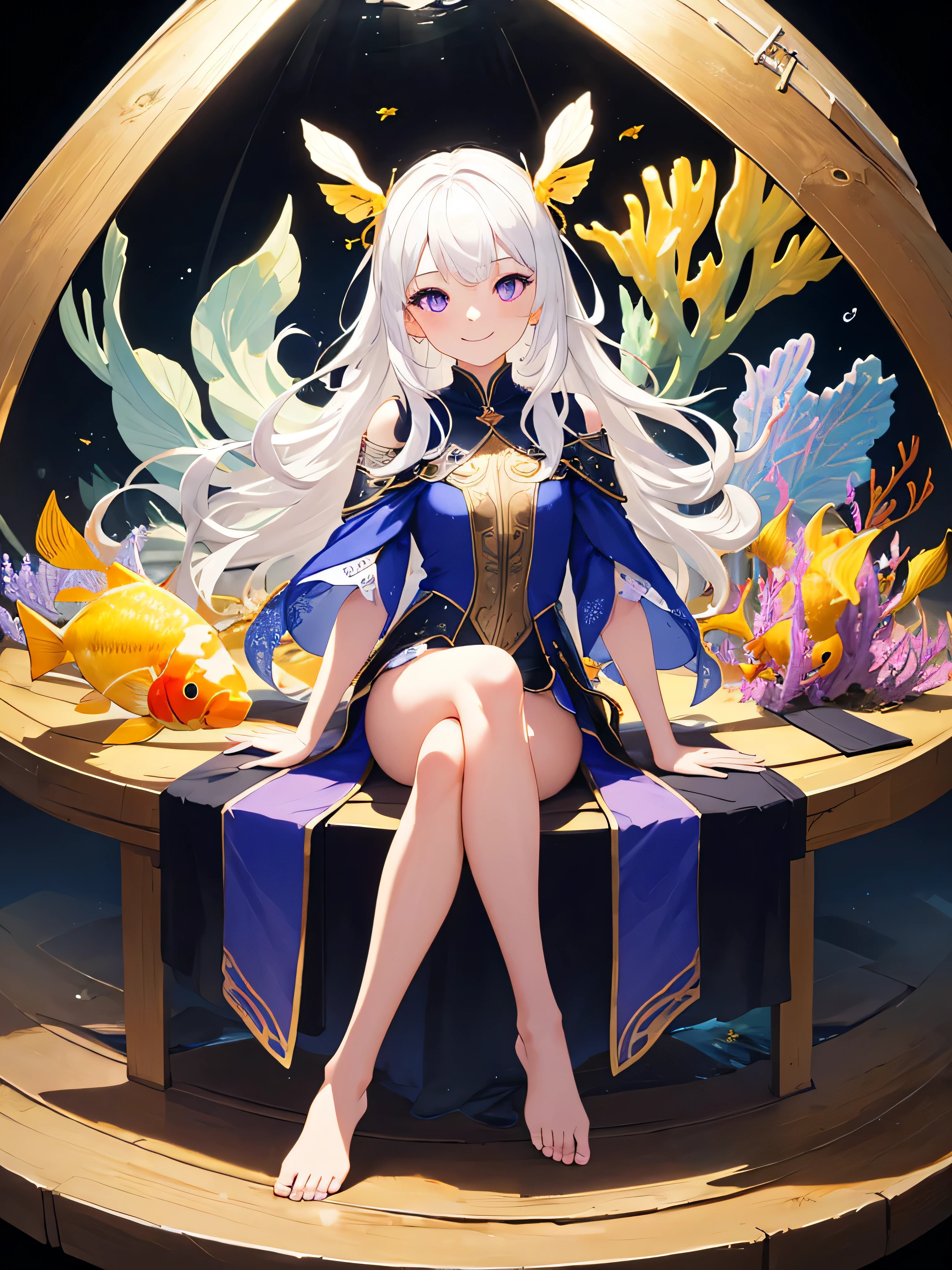 [(Transparent background:1.5)::5],(((masterpiece))),(((best quality))),(((extremely detailed))),illustration, 1girl,solo,mysterious,vivid color,shiny, underwater transparent sealed hemispherical glass dome, (white hair),(purple eyes), full body,barefoot,long hair tranquil nature, koi,Underwater, Dome,close up,Dynamic actions,Lens perspective,(((Box composition))),sit cross-legged and lean against the bookshel, volumetric lighting, multi-color eyes, detailed eyes, hyper detailed,light smile, highly detailed, beautiful, small details, ultra detailed, best quality, intricate, 4k, 8k, trending on artstation, good anatomy, beautiful lighting, award-winning,