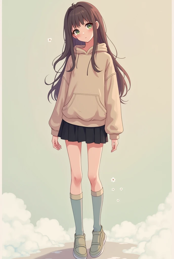 Anime femboy man, pastel colored tight thigh high socks, pastel colored hip-length sweatshirt, a black mini short, green eyes and brown and somewhat long hair
