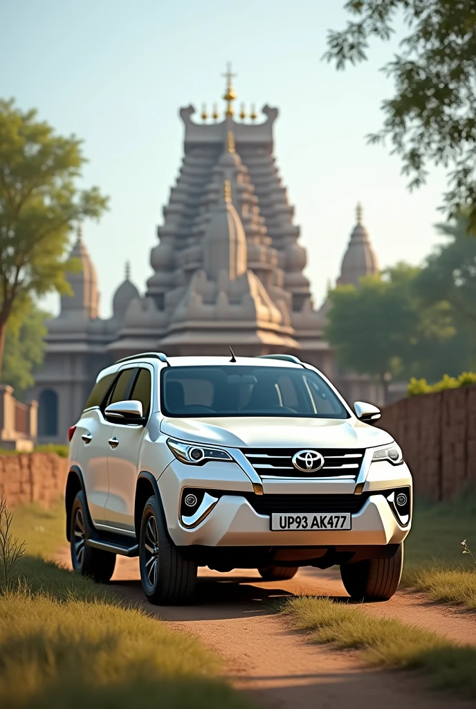 A white fortuner of UP93AK4777 without antina in india near a temple