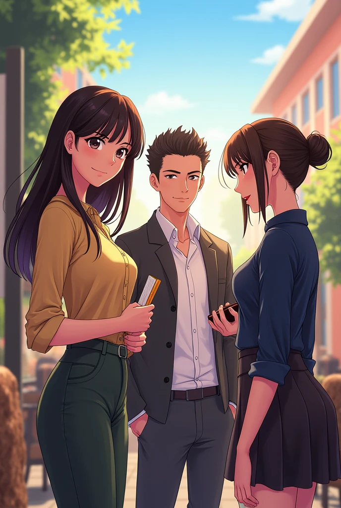 Untuk menggunakan AI seperti Craiyon, kamu bisa mengirimkan deskripsi singkat berikut:
"Draw a scene with four characters:
1. **Calla**: On the left or middle left, with an oval face, fair skin, large dark brown eyes, long straight dark brown hair. She's wearing elegant yet casual clothing, holding a small book or notes, with a warm and gentle expression.
2. **Ren**: On the left or middle right, with a relaxed appearance, slightly messy hair, and casual attire. He's smiling cheerfully or playfully.
3. **Afnan**: In the middle or on the right, with a serious or slightly frowning expression, short well-groomed hair, and semi-formal or formal clothing.
4. **Rosa**: On the right, with a glamorous outfit and tied-back hair, showing a slight scowl or irritation.
Set them in a campus or café environment, with interactions reflecting their relationships."
