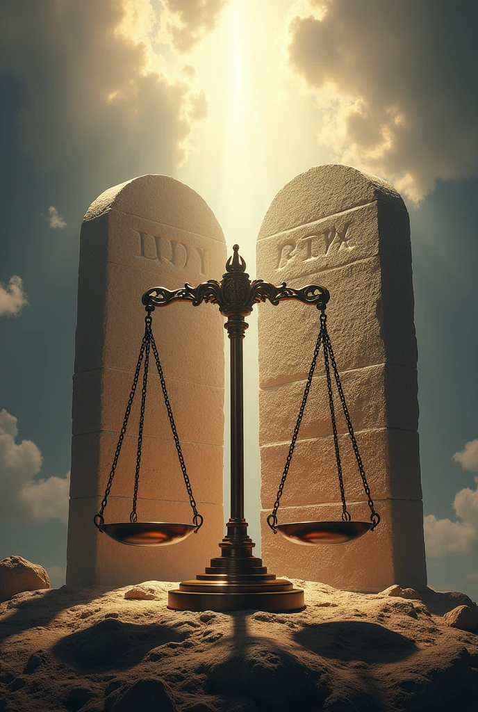 create an image that combines the law of God symbolized by the two tablets of the ten commandments and the scales and hammer that symbolize the law of men.