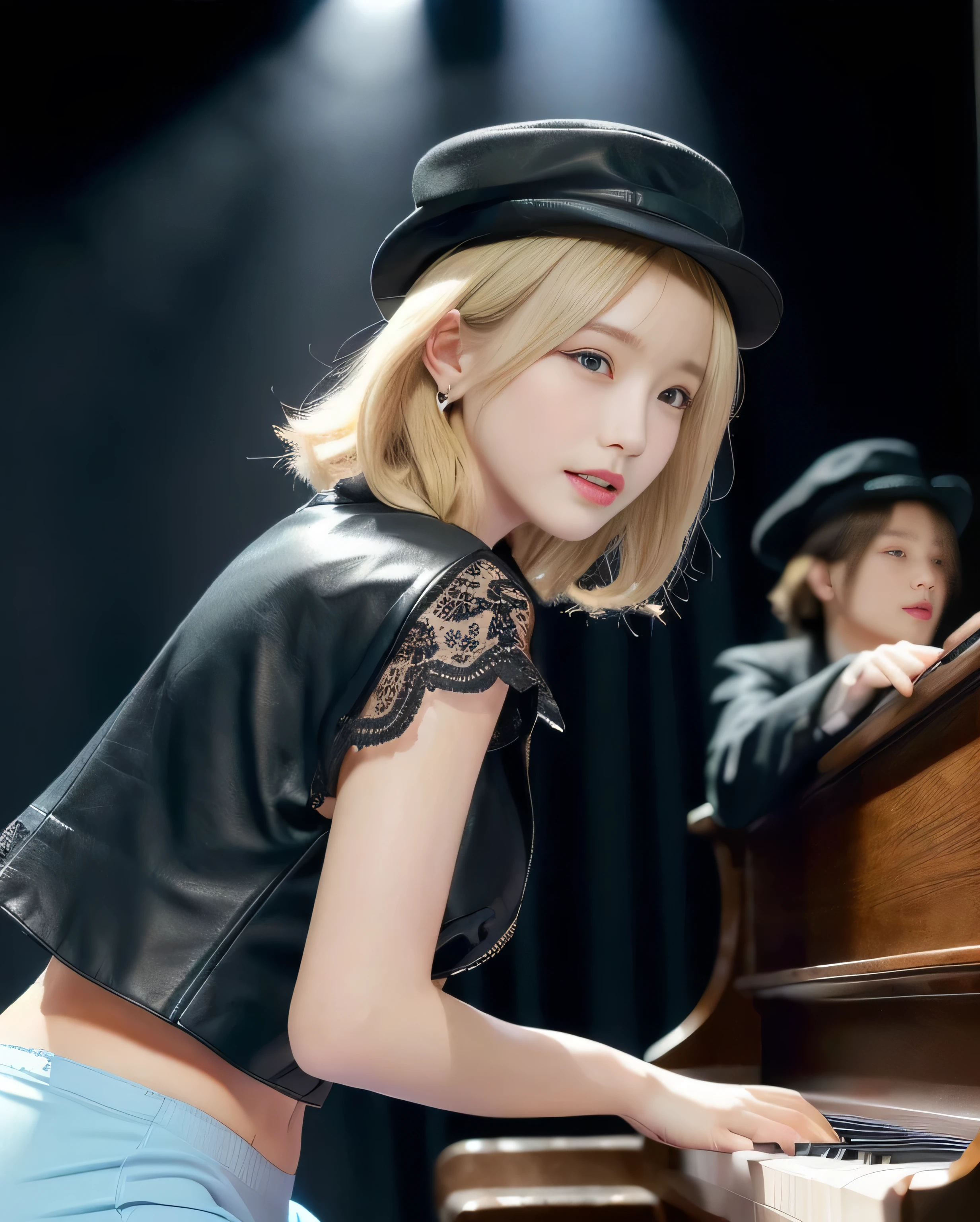 ((playing piano)),((light blue leather biker jacket)),((black lace panties)),((black wool hat)),((rock concert stage)),((rock concert)),((Play the piano)),((light blue leather biker jacket)),((whole body photos)),((on stage)),((Light blue leather rider jacket)),((sheer black panties)),((not wearing bra)),,((I can see the piano keys)),((Open your mouth a little)),((Wearing a Borsalino black wool hat)). ((Drooping eyes of cut length)),The crowd cheers、Stage lights flashing, masterpiece, Highest quality, 8k, 1 person, Open your mouth a little, ((Brown eyes))、Soft Light, Professional Lighting, Backlight, (Eye and facial details:1.0), (Hair tied up:1.4, bionde:1.3)、(美しいbionde)、Very beautiful Japan female idol、(Genuine,Genuineistic:1.4)、Very delicate and beautiful、Soft Light、Beautiful Eyes、Cinema Lighting、(biondeのHair tied up)、Slender body、Small breasts、Ultra detailed face,、Seductive smile、cute、White skin、Fair skinの美しい肌、Brown eyes、Beautiful symmetrical face、Small face、2、Beautiful small breasts、Genuine human skin、((whole body photos))、Detailed and realistic human body、Detailed and realistic skin、Realistic face in every detail、Detailed and realistic eyes、Detailed and realistic lips、Detailed and realistic teeth、Detailed and realistic ears、Detailed and realistic hair、Beautiful Hands、Realistic feet down to the last detail、Realistic breasts down to the last detail、Realistic areola down to the last detail、Realistic nipples down to the last detail、Realistic female genitalia down to the smallest detail、Realistic vagina down to the last detail、Detailed and realistic clitoris、Realistic anus down to the last detail、Thick pubic hair with realistic detail、whole body、whole bodywhite skin、Fair skin、Pubic hair is thick、Thick pubic hair、 Completely naked、urination、Pleasant expression、Blushing cheeks and an ecstatic expression, Leaking urine、A sex toy is inserted into the anus、Watery eye