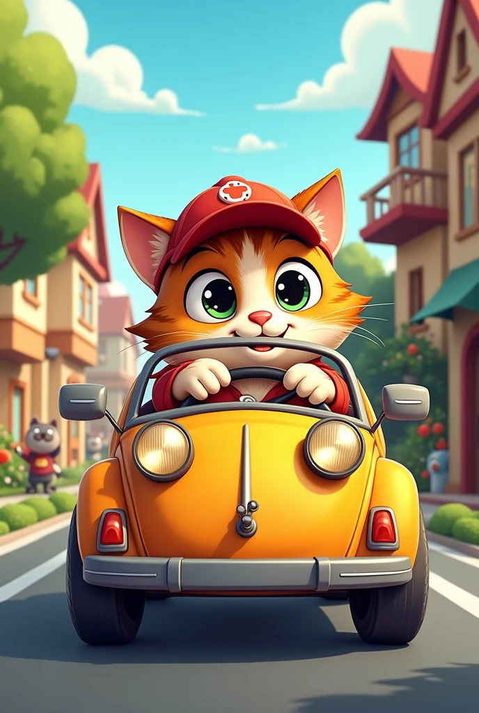 Cartoon,cat driving a car