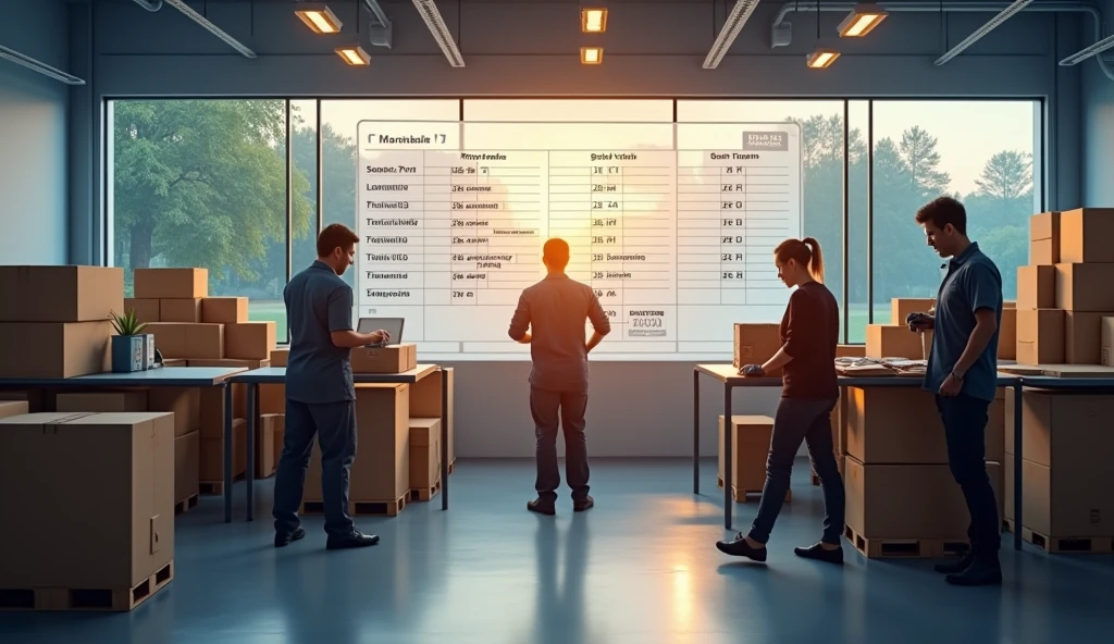 A professional and realistic image a well-structured work schedule at a fulfillment center that supports a healthy work-life balance. The scene shows employees in a modern, organized warehouse environment, efficiently completing their tasks with a clear schedule visible on a digital display or wall-mounted board. The schedule highlights shift timings, breaks, and end-of-day hours, emphasizing the company's commitment to respecting personal time. Outside the warehouse windows, a glimpse of a peaceful park or sunset symbolizes the balance between work and personal life. The workers appear focused but relaxed, reflecting a harmonious blend of productivity and personal well-being.