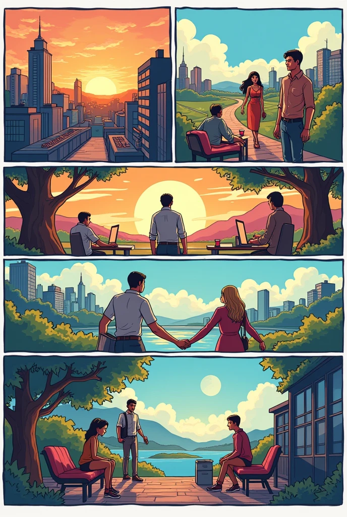 Create a 20+ page comic strip on the topic of well-being and work-life balance
