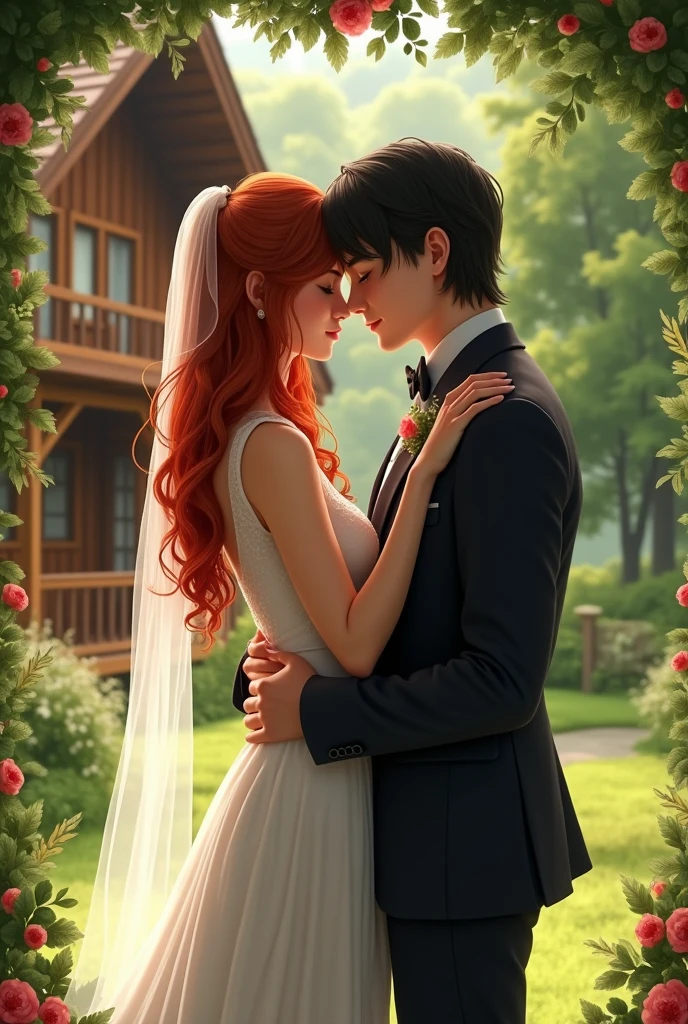 A wedding between a red-haired girl, Bullish, slim, long wavy hair with a black boy, medium black hair, a little shorter than her, in a chalet in a green area
