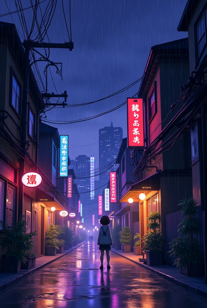 Cityscape at night, 1990s anime style with the noticable outlines of the drawings, with hues of purple, very cozy, in an alley while raining , looks like an anime