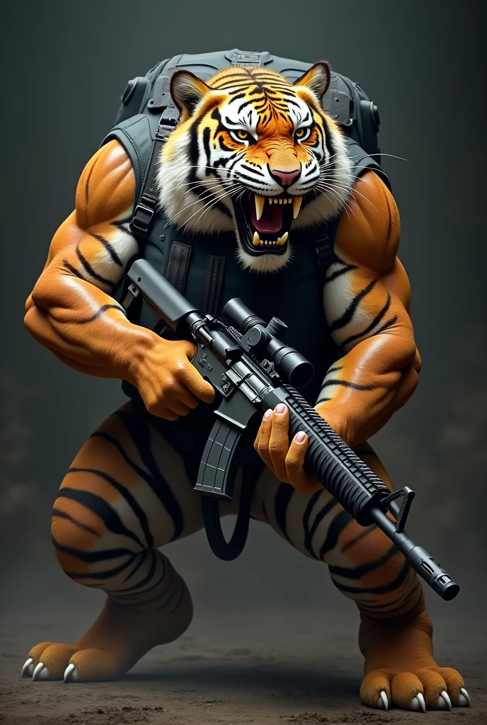 Muscular saber-toothed tiger with NVG bulletproof vest and M16 rifle