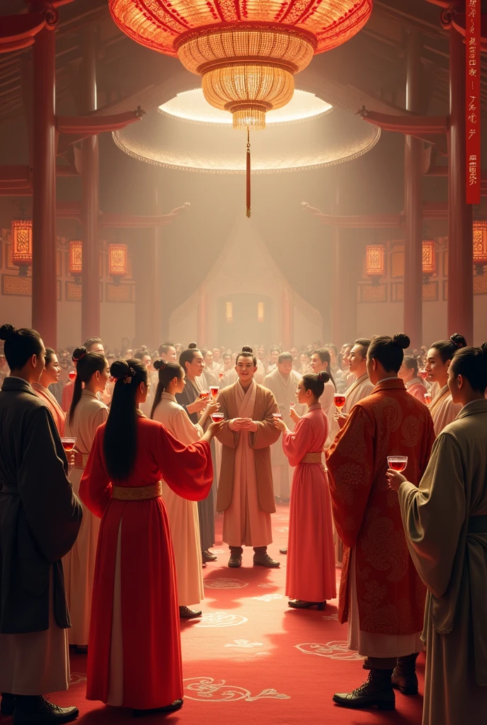 Five young women wearing different colored clothes and eight middle-aged men dressed in rich clothes indicating that they are businessmen wearing expensive clothes, drinking red wine in clear glasses in a banquet hall in a large luxurious barn, with a stage for dancing on the stage. Ancient China in the Tang Dynasty, realistic, showing a group of people standing, raising their glasses, drinking, and tasting wine in a banquet hall with a large stage for dancing on the stage, realistic.