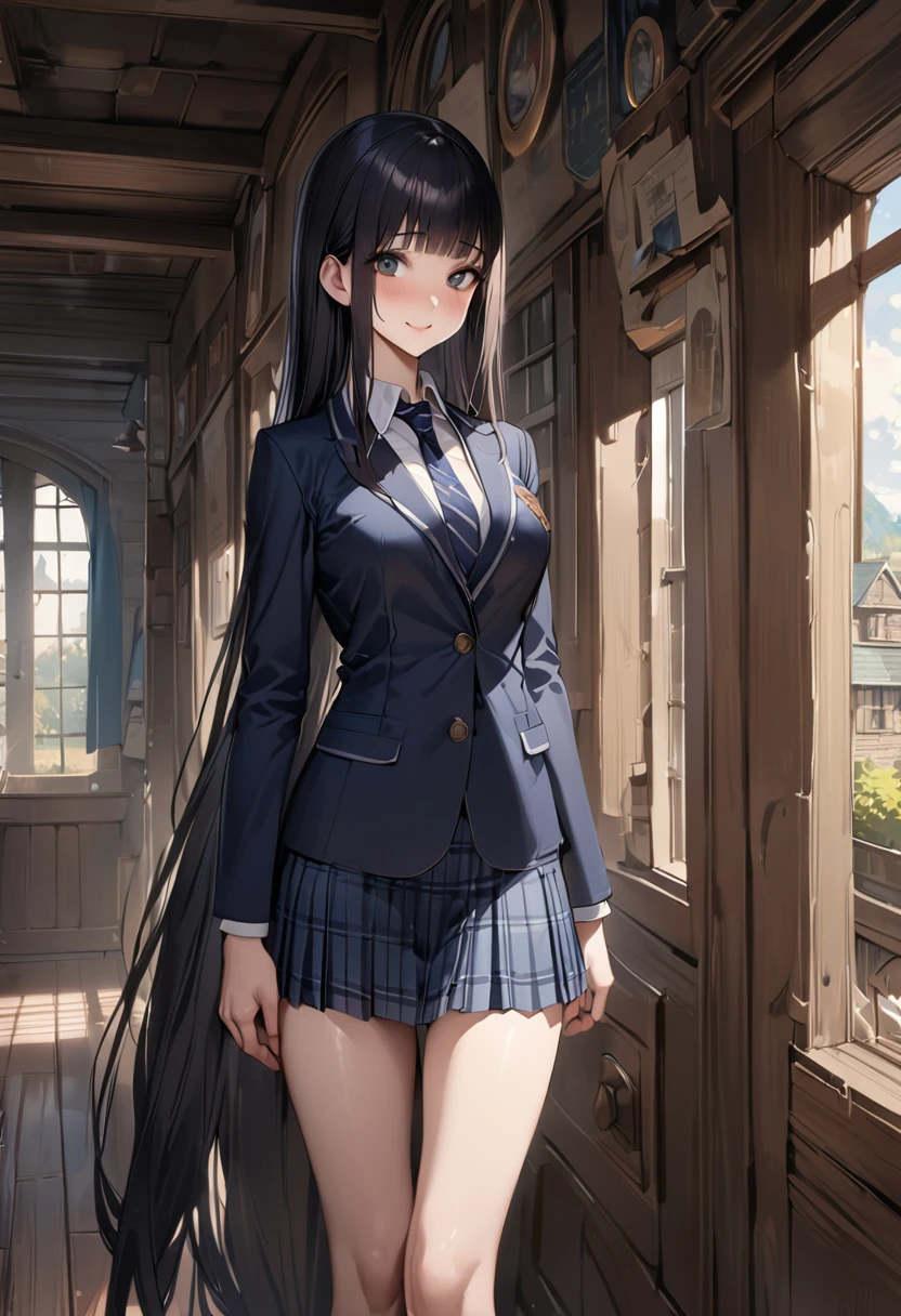 Fantasy art、((masterpiece,best quality anime,Highest quality:1.3)),realistic,portrait,1woman,(Mature Beauty),((very small head:1.4)),((very long body:1.3)),long hair,black hair,bangs,(gorgeous big eyes),black eyes,smile,(School uniform、Dark blue blazer jacket、Navy blue tie、Dark blue plaid mini skirt),white collared shirt,((slender body:1.3,skinny:1.2)),medium breasts,barefoot、standing,Old school building、Harry Potter World,