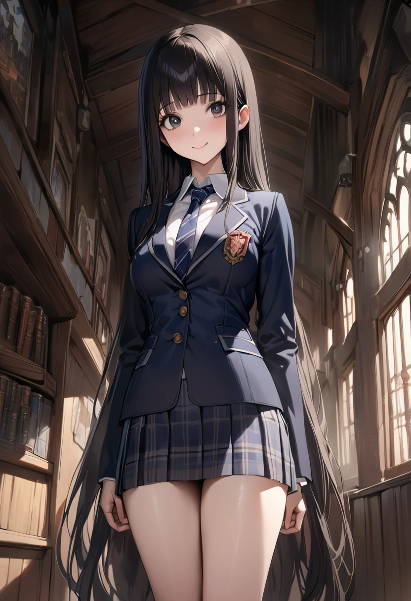 Fantasy art、((masterpiece,best quality anime,Highest quality:1.3)),realistic,portrait,1woman,(Mature Beauty),((very small head:1.4)),((very long body:1.3)),long hair,black hair,bangs,(gorgeous big eyes),black eyes,smile,(School uniform、Dark blue blazer jacket、Navy blue tie、Dark blue plaid mini skirt),white collared shirt,((slender body:1.3,skinny:1.2)),medium breasts,barefoot、standing,Old school building、Harry Potter World,