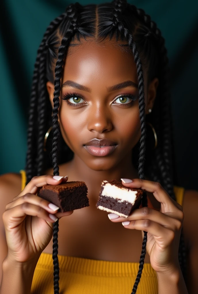Woman with box braids and baby hair, greeneyes, with brownie in one hand and brigadeiro in the other, black background fabric
