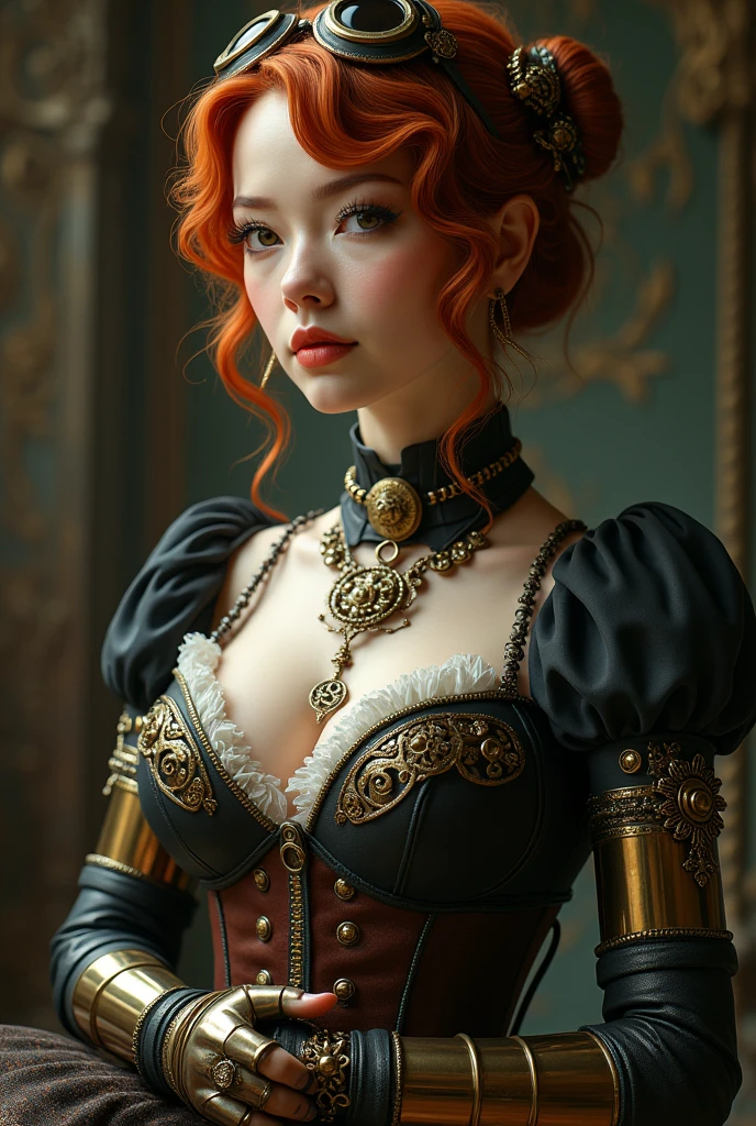 a victorian steampunk woman,redhead girl,sophisticated retro hairstyle,beautiful detailed face,detailed hands,detailed dress,intricate mechanical limbs or prosthetics,brass goggles,cogs and gears,ornate jewelry,leather corset,shiny metallic accents,dramatic lighting,cinematic angle,photorealistic,8k,masterpiece