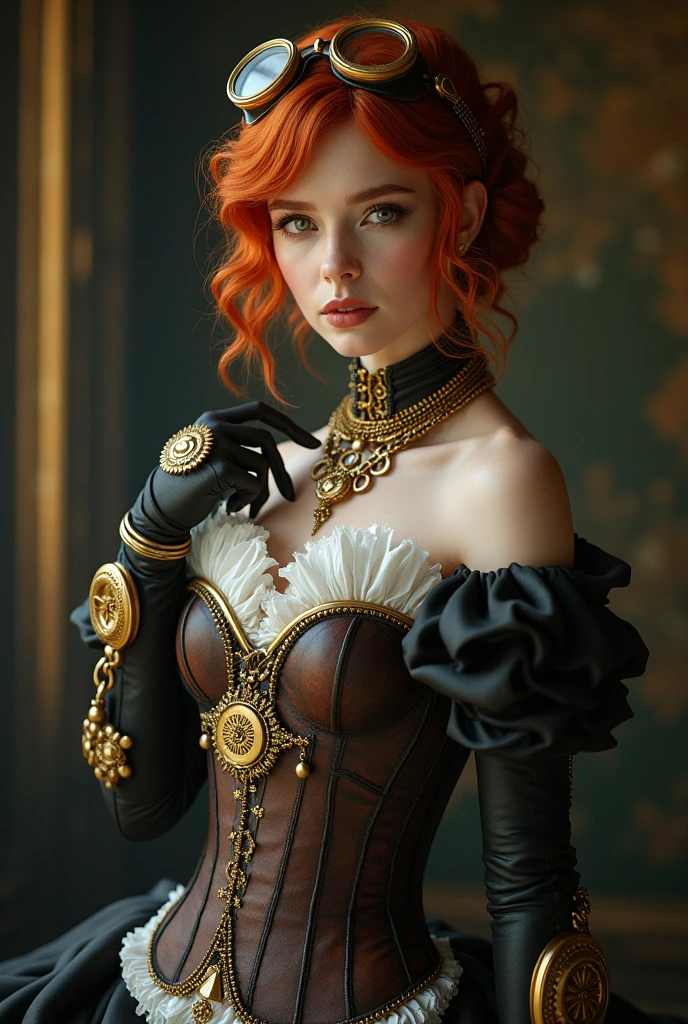 a victorian steampunk woman,redhead girl,sophisticated retro hairstyle,beautiful detailed face,detailed hands,detailed dress,intricate mechanical limbs or prosthetics,brass goggles,cogs and gears,ornate jewelry,leather corset,shiny metallic accents,dramatic lighting,cinematic angle,photorealistic,8k,masterpiece