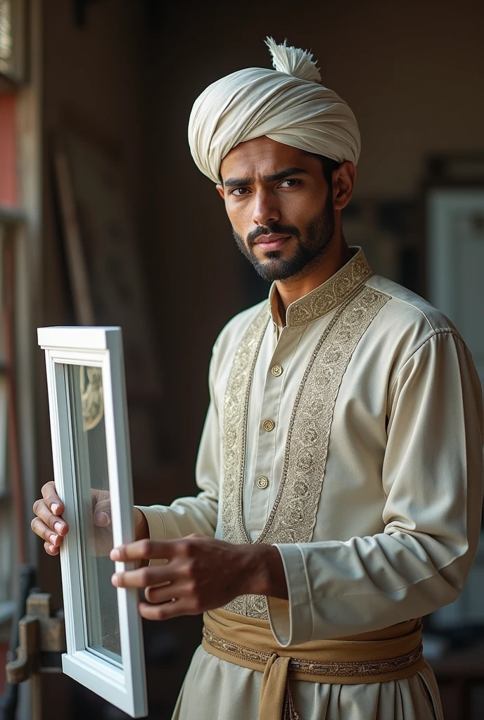 (photorealism:1.2), a handsome nepali man Who wearing Nepali dhaka topi and daura suruwal .he is making white upvc window