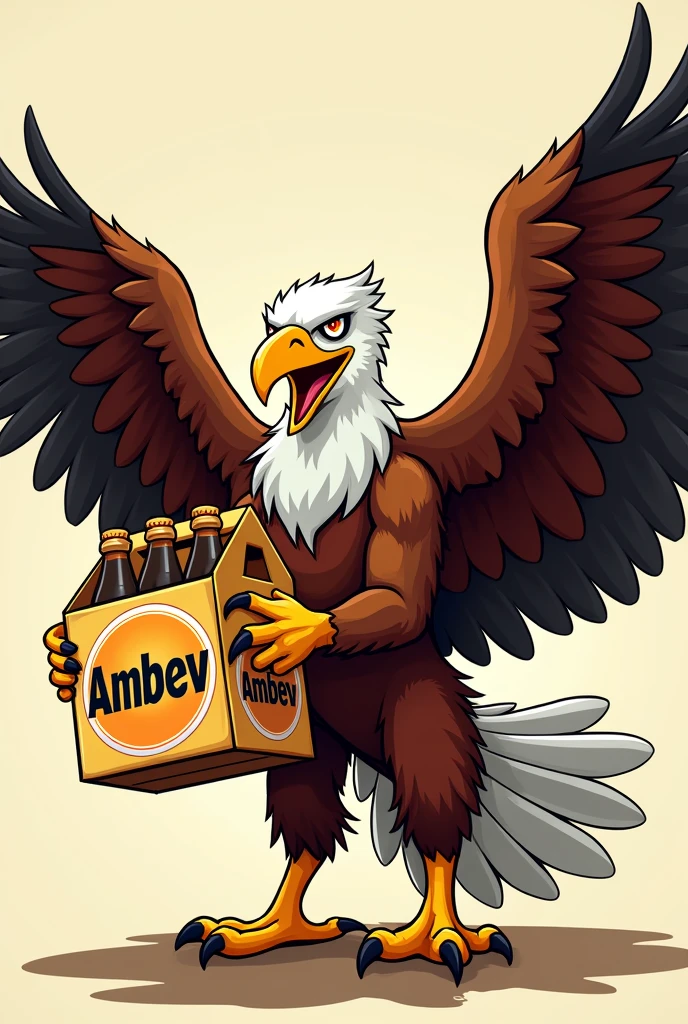 Generate a cartoonish image of an imposing eagle with a box of AmBev beer in its claws 