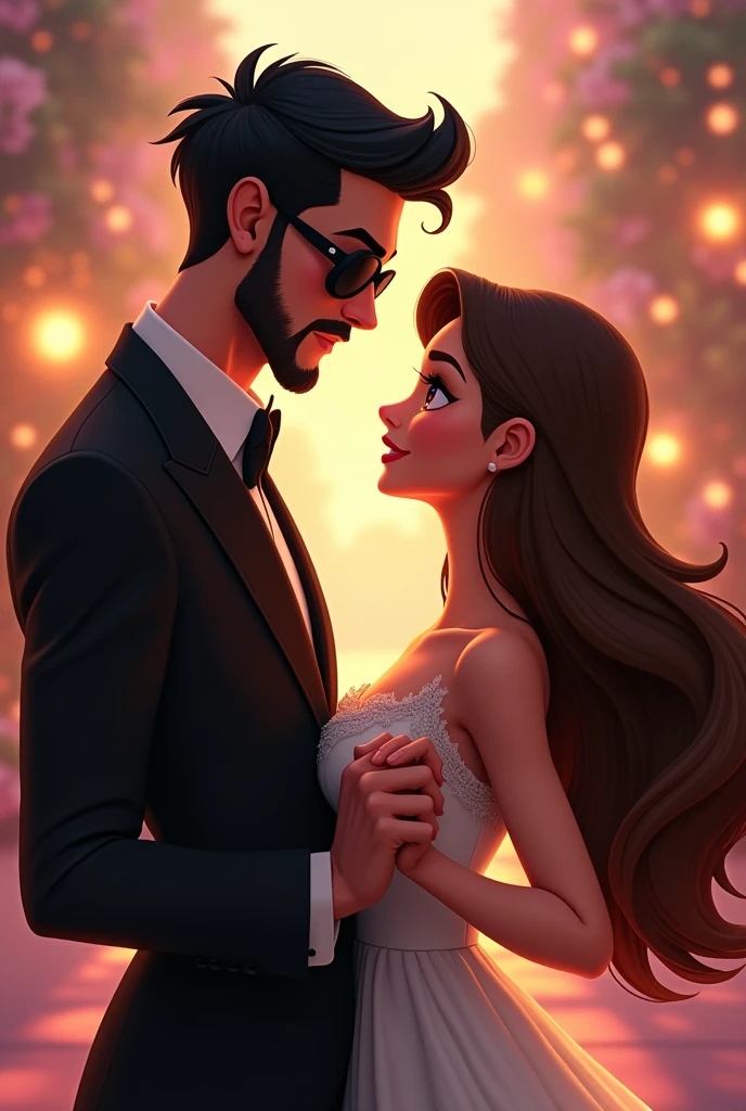 I want a Disney-type image, where a tall 3 boy appears, short spiky black hair, bearded, black sunglasses, well dressed with his long-haired girlfriend, large eyes, high, slim, holding hands, deeply in love
