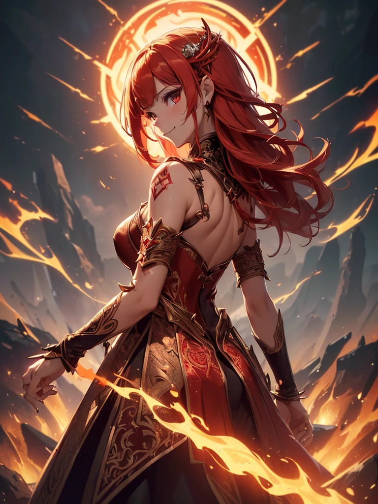 (((best quality, sharp image, clear image, cinematic lighting, 8k resolution, masterpiece, ultra detailed, intricate))) Girl, sorcerer, cute, intricate dress, smiling, fiery red, ((intricate background)), (rune frame), dimension, ((shot from behind)), fire sigils, chaotic background, ((half-body shot))