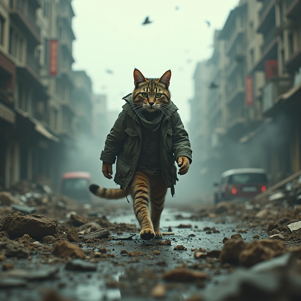 A survivor ((cat)) in human clothes walks through a destroyed city, windstorm