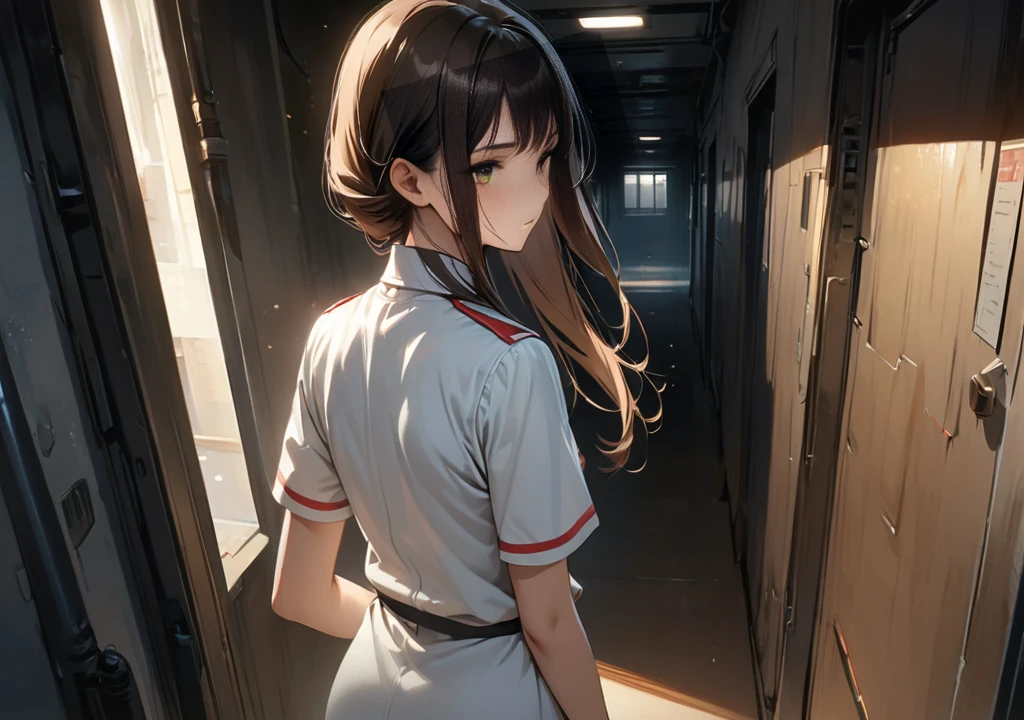 (masterpiece,top quality,high resolution,ultra detailed,ultra high definition,precise,high detail,very detailed,Perfect Fingers,Anatomically correct,ultra fine illustration,official art,HD,cg,8k,16k 1.4),1girl,Patrol nightworking,detailed face,long straight brown hair,long sidelocks,beautiful detailed brown eyes,perfect female body,glowing skin,tight pale white detailed nurse clothes,highly detailed hospital scene,shadowing face,in Darkness,corridor,windows,looking away, be frightened,looking back,from below,cowboy shot,