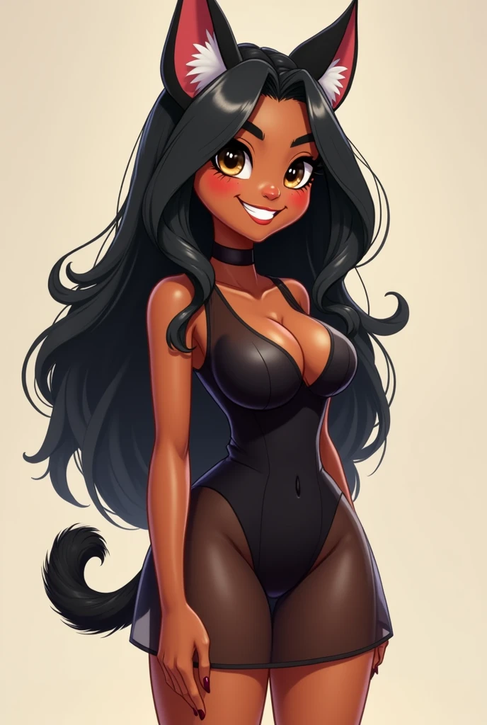 1girl, full height, solo, animal ears, long hair, black hair, cat ears, furry, smile, breasts, furry female, purple dark grey skin, dress, medium breasts, bangs, blunt bangs, see through, dark skinned female, brawn eyes, , (((black dress))), ((reference sheet)), большие бедра, 4K, мультяшный стиль