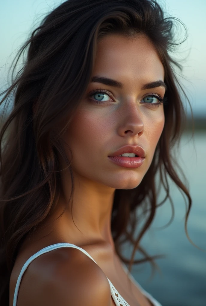 one pretty woman, Brunetette, long  hair, blue colored eyes, big pink mouth, olhando fixamente para o horizonte 