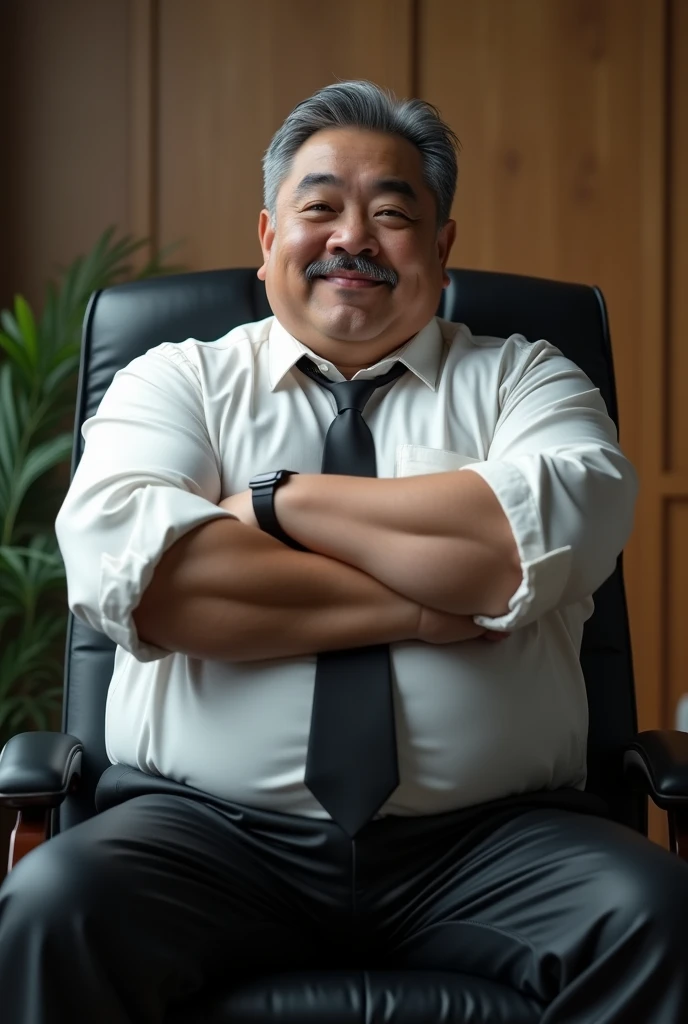 Hyper-realistic very attractive mature muscular handsome hunk japanese man, chubby, fat, chunky, beefy, gentle and malicious smirk, thick legs, huge calves, sitting, full body, crossed arms, arms crossed, at office, grey very short hair, well designed grey mustache, hyper-detailed background, cinematic, uhd, 8k, high resolution, perfect result, best quality, detailed work, wearing a black leather pants, a white shirt, a tie