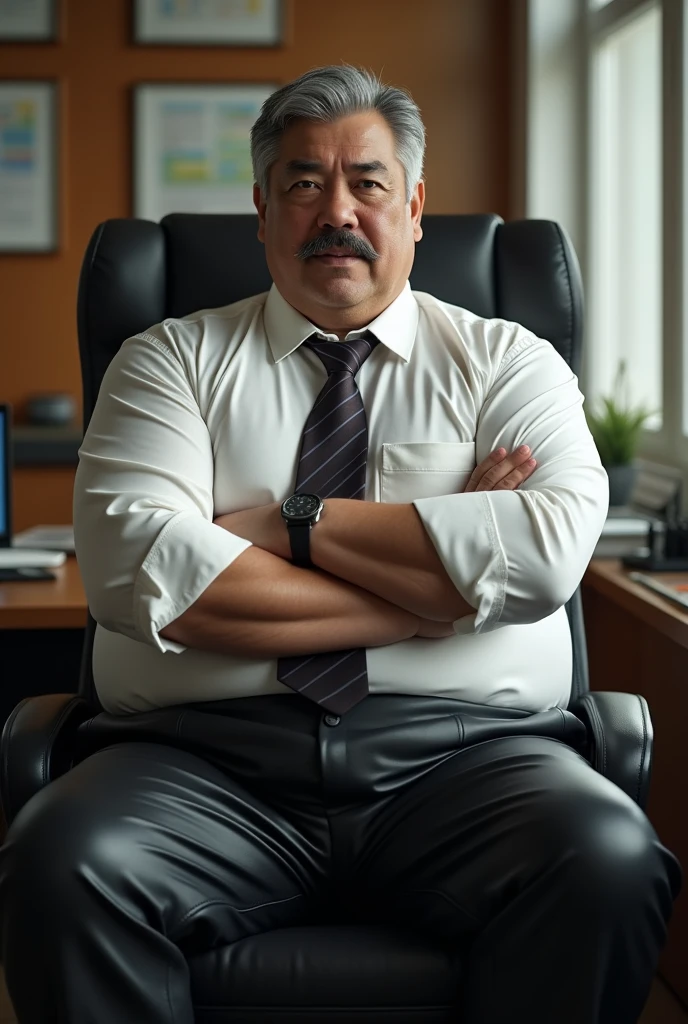 Hyper-realistic very attractive mature muscular handsome hunk japanese man, chubby, fat, chunky, beefy, gentle and malicious smirk, thick legs, huge calves, sitting, full body, crossed arms, arms crossed, at office, grey very short hair, well designed grey mustache, hyper-detailed background, cinematic, uhd, 8k, high resolution, perfect result, best quality, detailed work, wearing a black leather pants, a white shirt, a tie