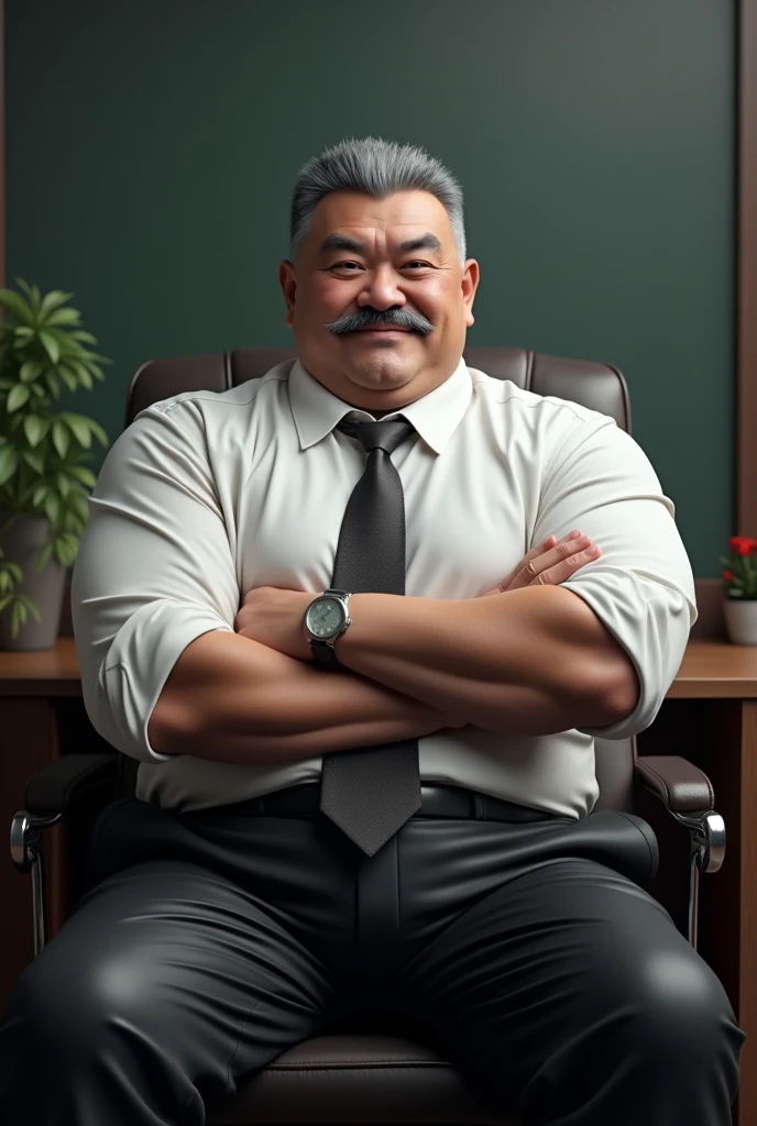 Hyper-realistic very attractive mature muscular handsome hunk japanese man, chubby, fat, chunky, beefy, gentle and malicious smirk, thick legs, huge calves, sitting, full body, crossed arms, arms crossed, at office, grey very short hair, well designed grey mustache, hyper-detailed background, cinematic, uhd, 8k, high resolution, perfect result, best quality, detailed work, wearing a black leather pants, a white shirt, a tie