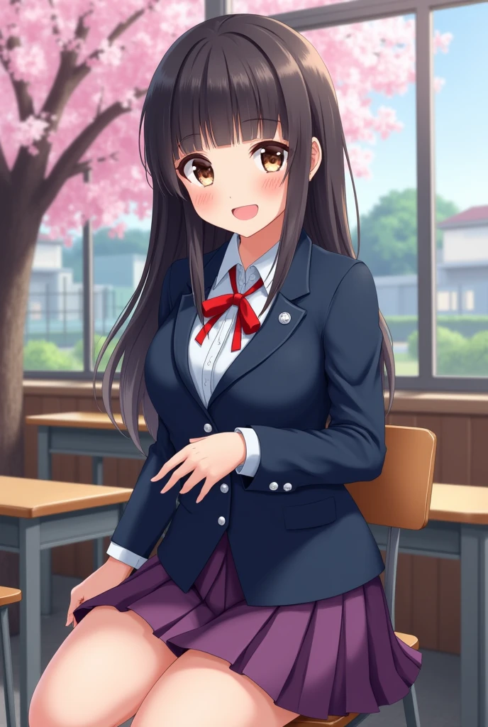 uniform: Navy blue blazer、White shirt、Red ribbon tie、Purple pleated skirt、Black Loafers。Appearance: Straight black hair, shoulder length、A clean and friendly impression、Brown eyes、Slightly light makeup。Her chest is a D cup。expression: A bright and cheerful smile、友好的で親しみやすいexpression。background: School classrooms and playgrounds、Where there are cherry blossom trees、Everyday Scenes。Pause: Relaxed appearance, as if talking with a friend、At a desk in a classroom。