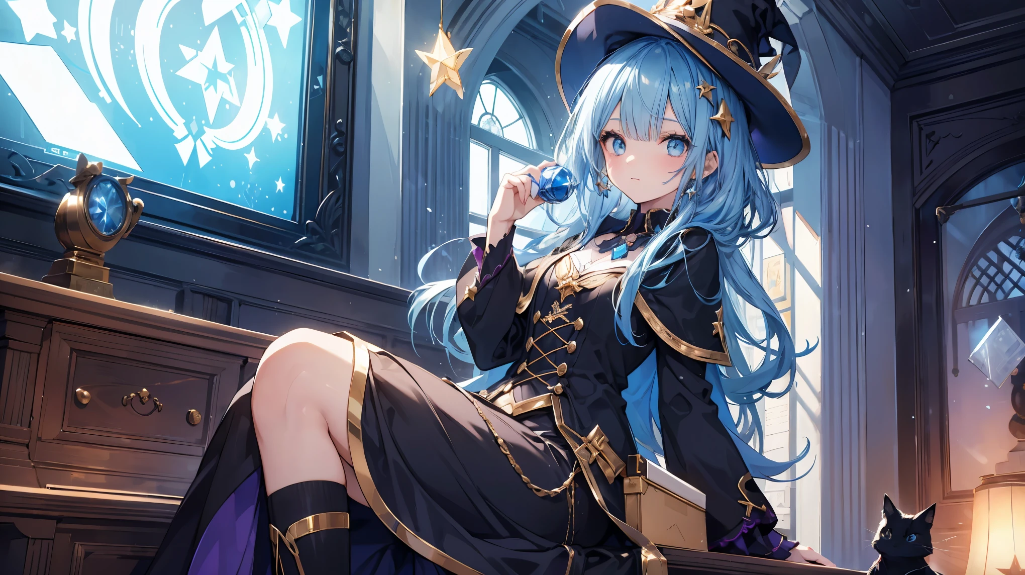 A lively apprentice wizard girl.She has long blue hair and wears star-shaped jewelry..A bright and curious girl.Traveling while studying at a magic school.There is a black cat at the girl's feet..The black cat is watching over the girl.
