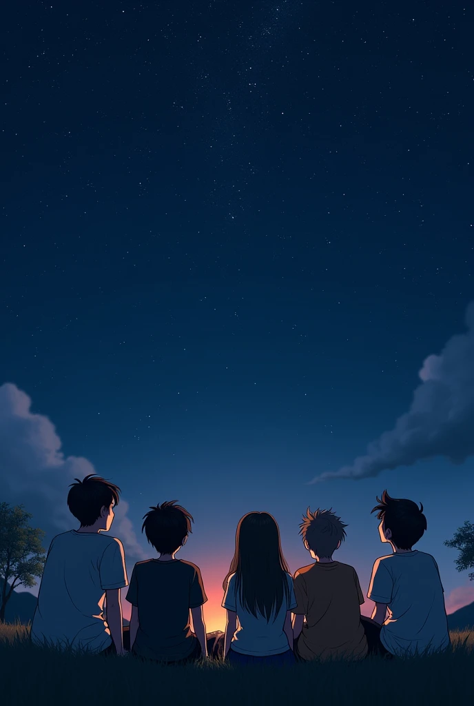 A group of teenagers a girl and 4 men Sitting at night watching the stars 
