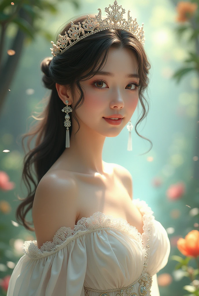There is a woman in a white dress and a crown on her head., a beautiful fantasy queen, ((beautiful fantasy queen)), A portrait of a princess, a work of art in the Guvez style. 5d cgi anime fantasy artwork, 8K high quality detailed art