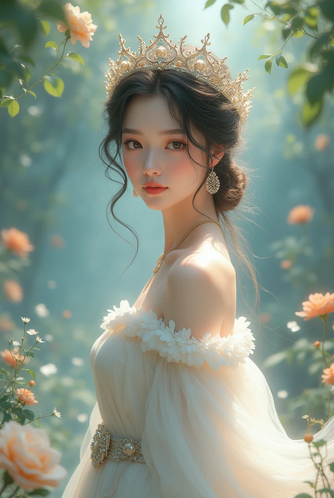 There is a woman in a white dress and a crown on her head., a beautiful fantasy queen, ((beautiful fantasy queen)), A portrait of a princess, a work of art in the Guvez style. 5d cgi anime fantasy artwork, 8K high quality detailed art