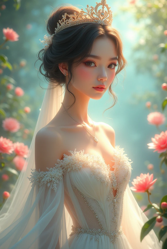 There is a woman in a white dress and a crown on her head., a beautiful fantasy queen, ((beautiful fantasy queen)), A portrait of a princess, a work of art in the Guvez style. 5d cgi anime fantasy artwork, 8K high quality detailed art  