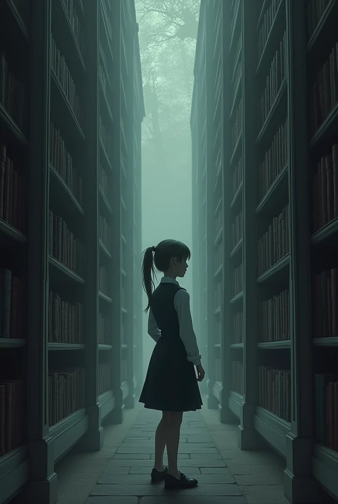 (Maya enters the grand library, filled with towering bookshelves. The atmosphere is quiet, almost eerie. She approaches the librarian, an elderly woman with a mysterious air about her.) using this seed 1921569215 (Maya) who is main character and 5023960557 (the librarian). Talking between maya and librarian. the scene of this photo is in the mfu with student uniform on maya with pony tail. librarian also wear normal university librarian dress.