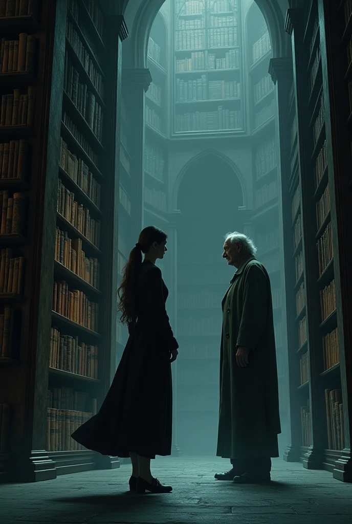 (Maya enters the grand library, filled with towering bookshelves. The atmosphere is quiet, almost eerie. She approaches the librarian, an elderly woman with a mysterious air about her.) using this seed 1921569215 (Maya) who is main character and 5023960557 (the librarian). Talking between maya and librarian. the scene of this photo is in the mfu with student uniform on maya with pony tail. librarian also wear normal university librarian dress.