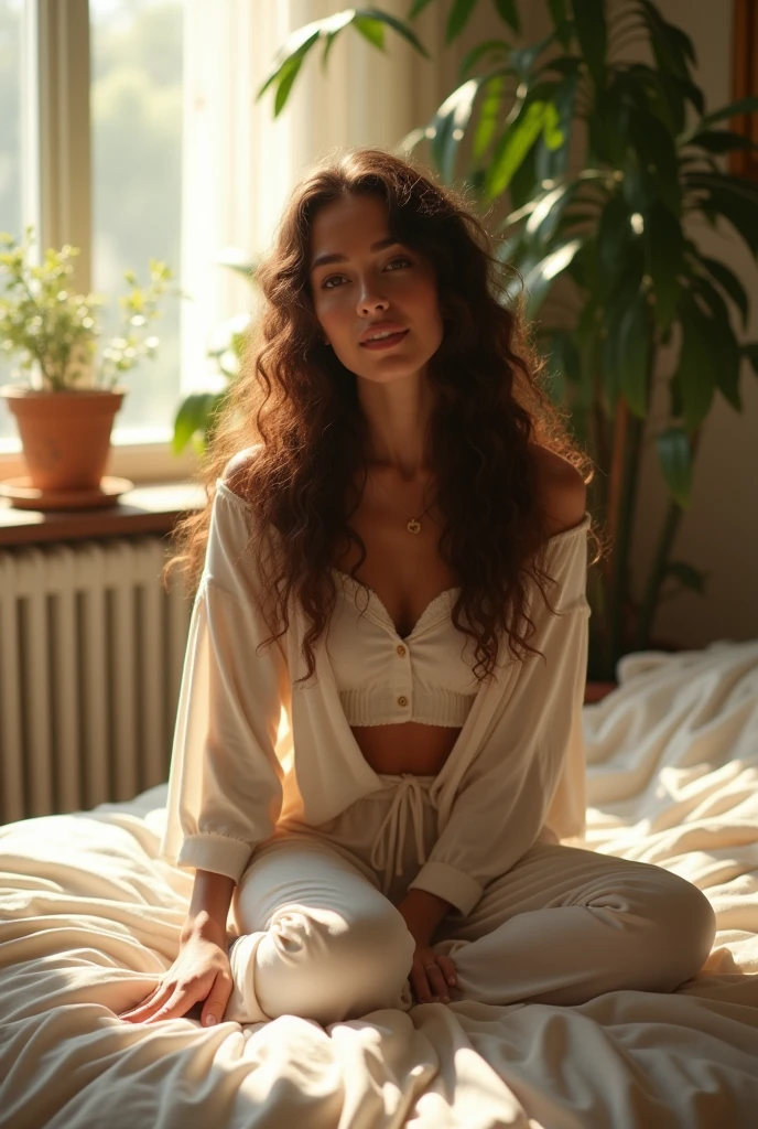 (photorealism:1.2), beautiful woman, sitting on bed, wearing loose off-shoulder top, pajama pants, long curly hair, indoors, soft lighting, plants in background, window with sunlight, cozy room, relaxed pose, realistic, intricate details, warm colors, by Greg Rutkowski, by Alphonse Mucha
