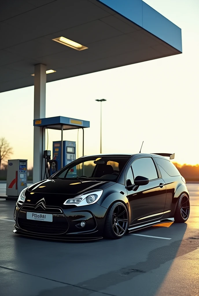 Gas station scenario, on highway, a car, Citröen brand model c3 year 2005 first version, four doors, blackw, graphite wheels, Lowered car