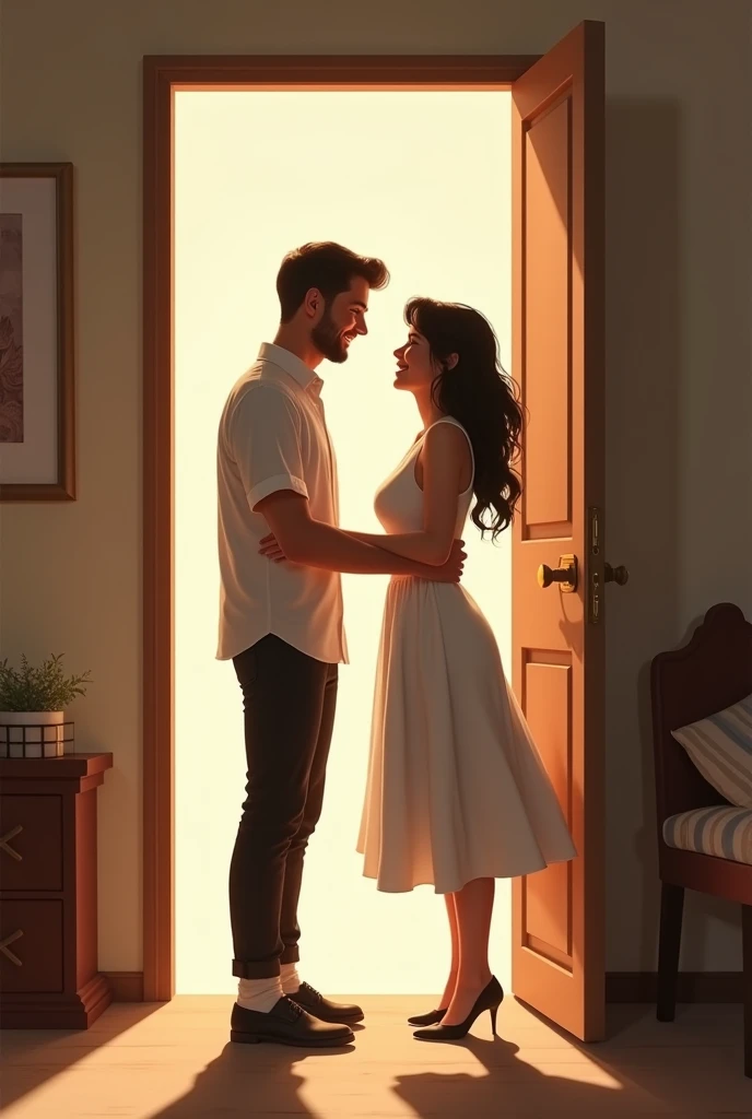 A couple meeting for the first time at the door of a hotel room. He's inside and she slams the door. He simple clothes, she simple dress, simple hotel. They are happy at this first meeting and hug each other..