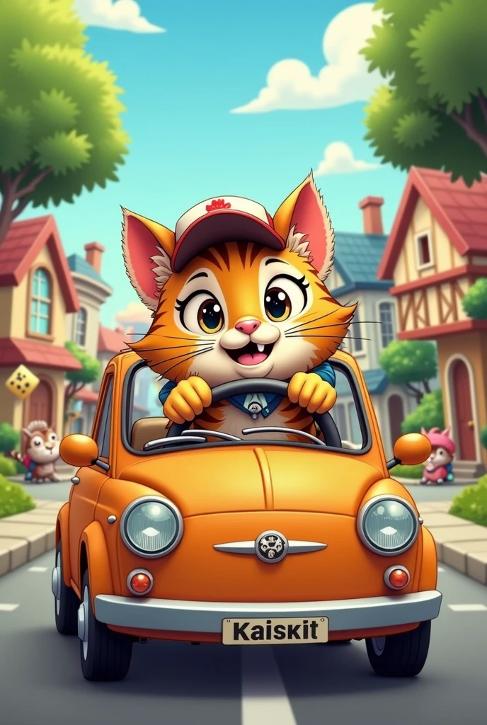 Cartoon,cat driving a car